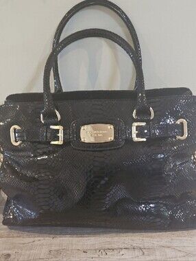 Michael Kors Black Patent Snake-Embossed Satchel with Gold Hardware